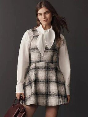 Anthropologie Sleeveless Plaid Romper, Neutral Plaid, 14